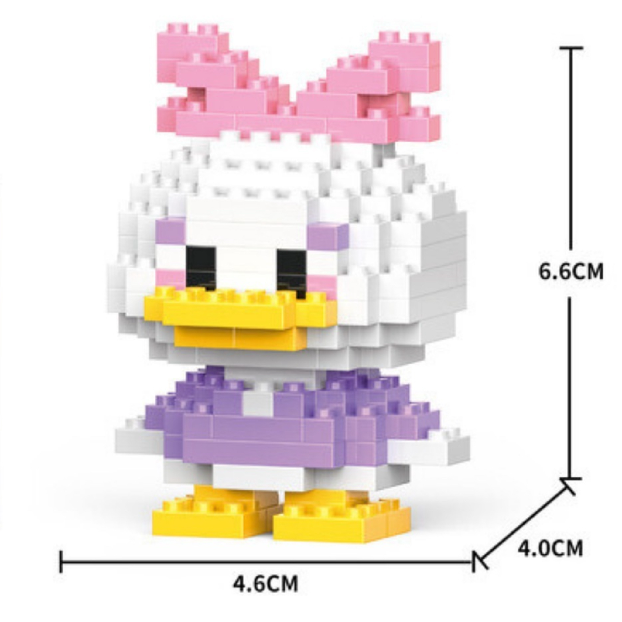 Toy figure made of interlocking bricks with dimensions indicated Cute Daisy Duck micro building block figure with a pink bow and purple dress, standing on a white background. Kawaii mini brick character set.