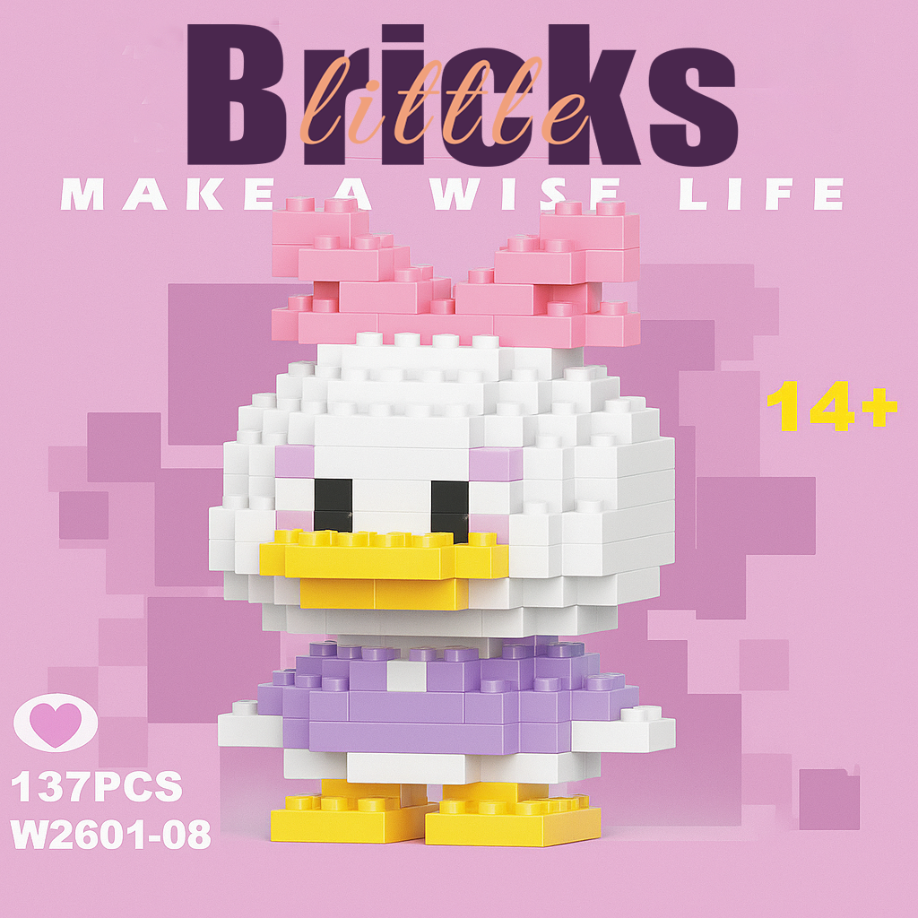 Cute Daisy Duck micro building block figure with a pink bow and purple dress, standing on a white background. Kawaii mini brick character set.