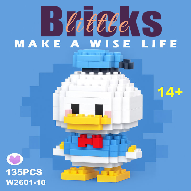 Donald Duck micro brick character in a blue sailor suit and hat with a red bow tie. Small building block set figure for display.