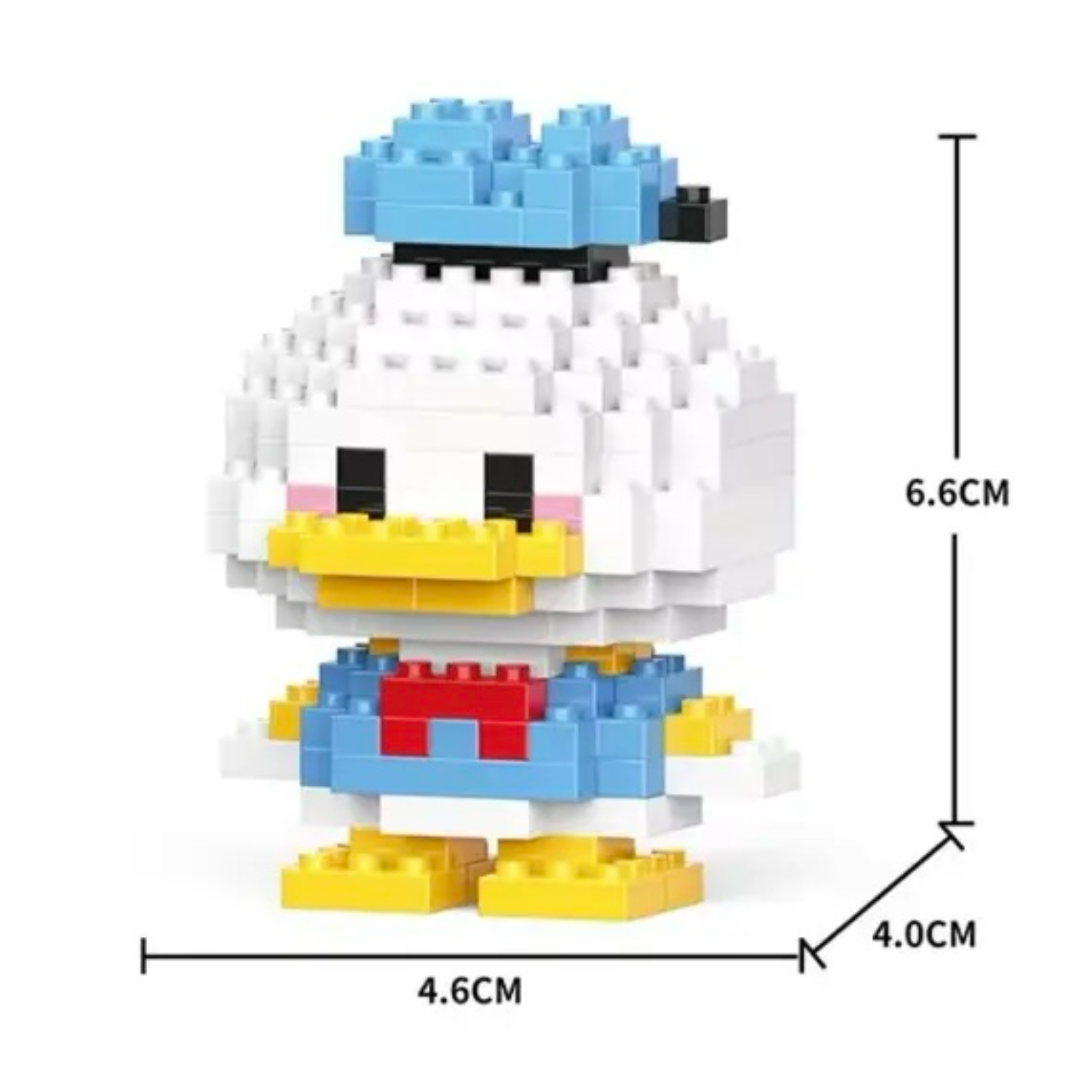 Toy duck figure made of interlocking bricks with measurements on a white background Donald Duck micro brick character in a blue sailor suit and hat with a red bow tie. Small building block set figure for display.