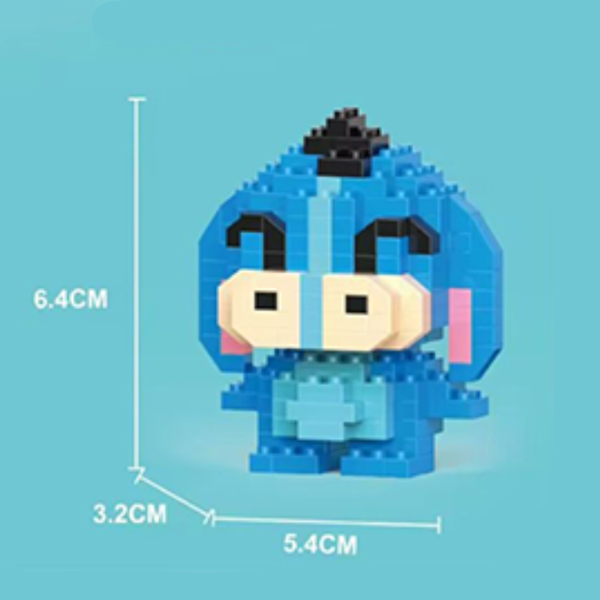 Eeyore blue donkey micro building block figure. Kawaii cartoon character mini brick set for desk decoration, 180 pieces with dimensions on a blue background