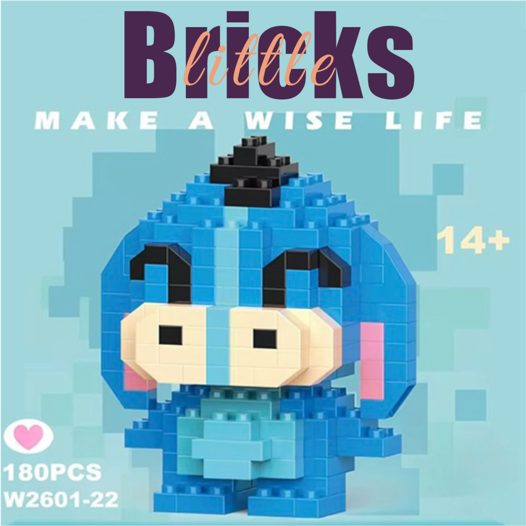 Eeyore blue donkey micro building block figure. Kawaii cartoon character mini brick set for desk decoration, 180 pieces on a blue background.