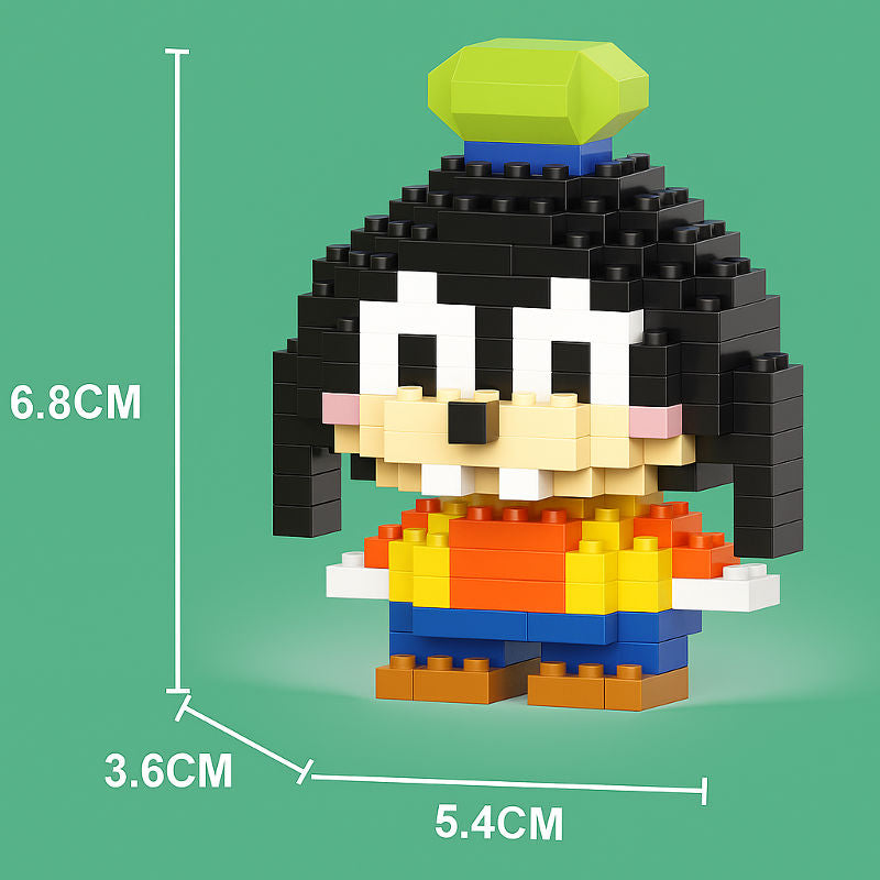 Goofy micro building block figure with a green hat, orange vest, and blue pants. Detailed mini brick character with a toothy smile.