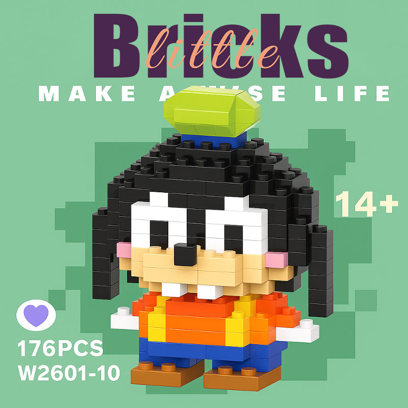 Goofy micro building block figure with a green hat, orange vest, and blue pants. Detailed mini brick character with a toothy smile.