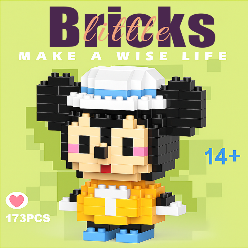 Mickey Mouse micro building block figure in a yellow shirt, blue shorts, and a white and blue hat. Kawaii mini brick set character.