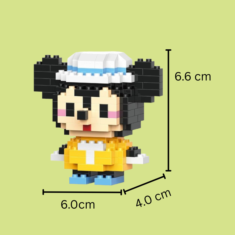 Mickey Mouse micro building block figure in a yellow shirt, blue shorts, and a white and blue hat. Kawaii mini brick set character.