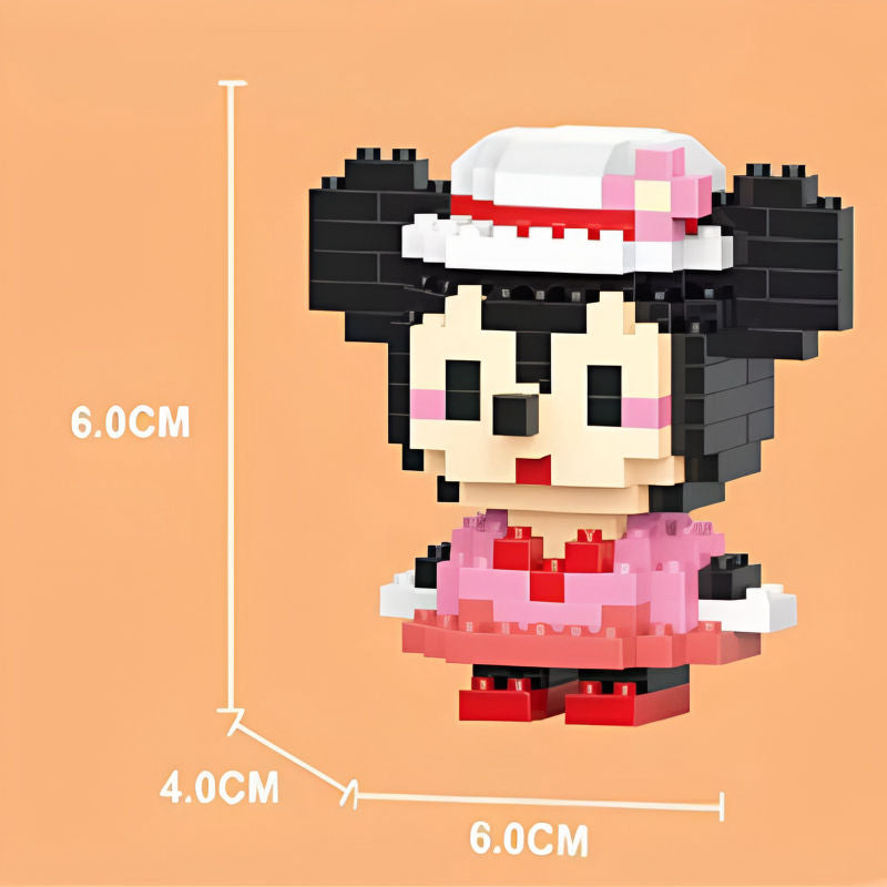 Minnie Mouse micro brick figure wearing a pink polka-dot dress and a white hat with a pink bow. Cute building block character on a white background