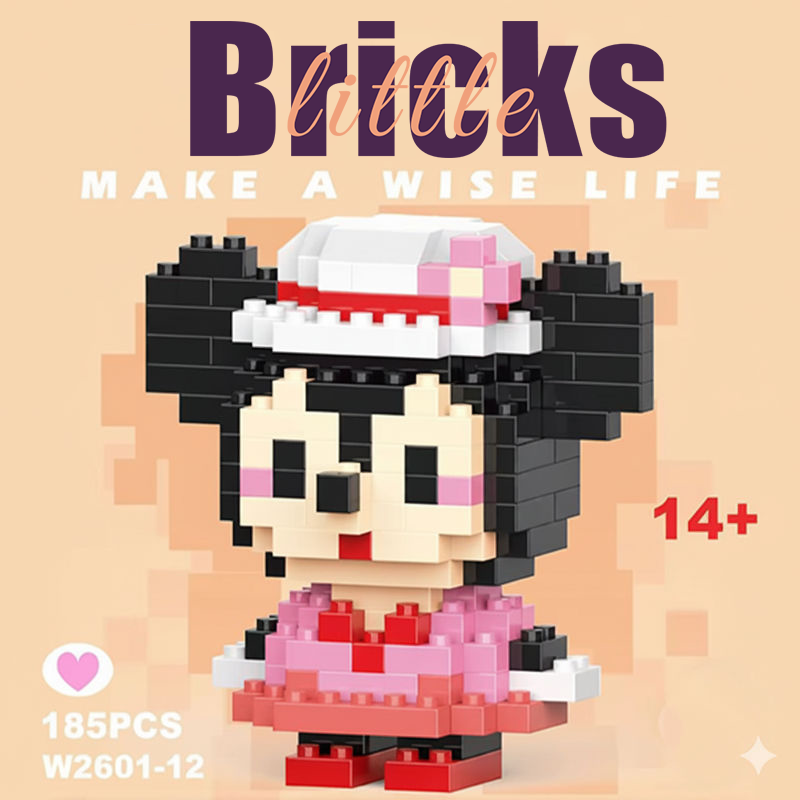 Minnie Mouse micro brick figure wearing a pink polka-dot dress and a white hat with a pink bow. Cute building block character on a white background.