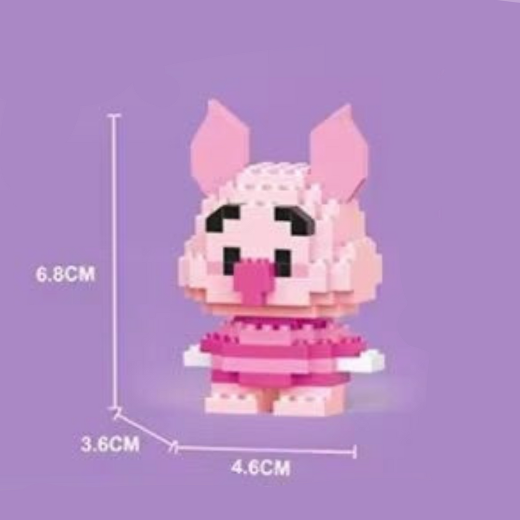 Piglet pink pig micro building block figure with big ears. Kawaii mini brick character set for DIY hobbyists, 135 pieces with dimensions on a purple background