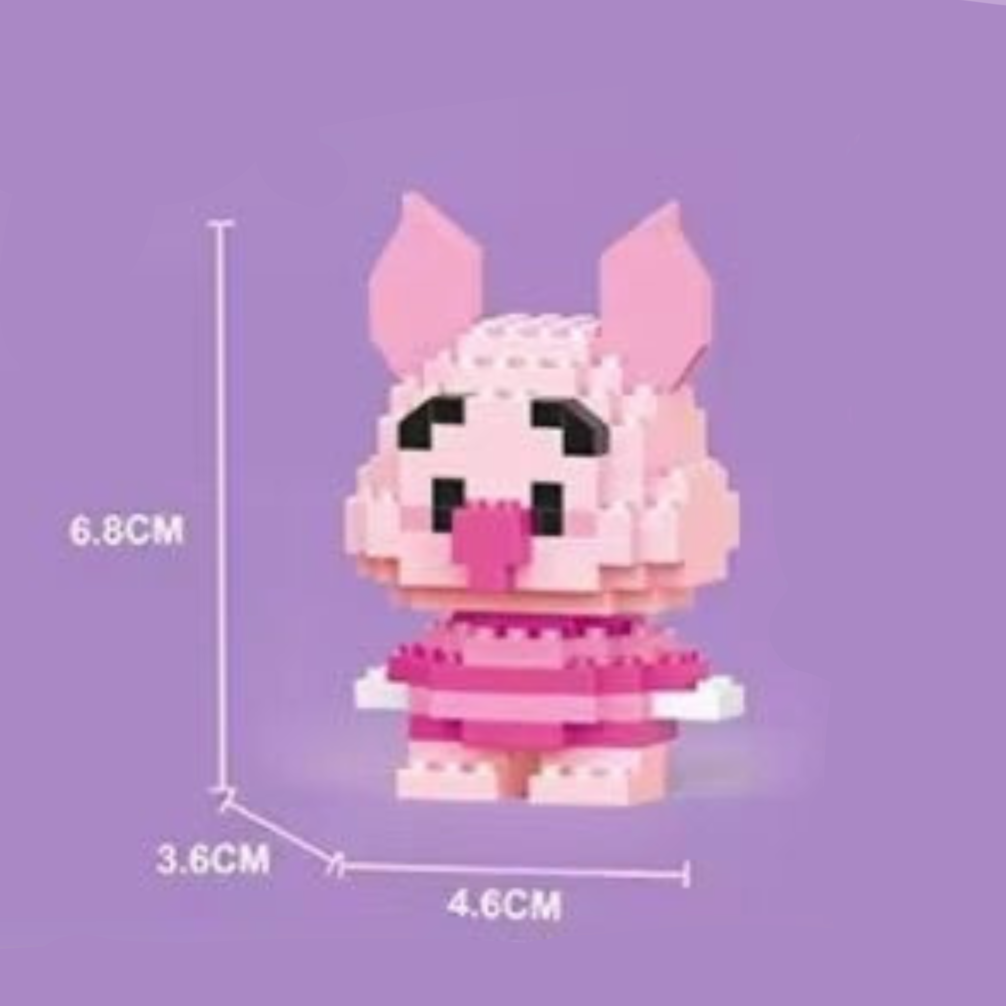 Piglet pink pig micro building block figure with big ears. Kawaii mini brick character set for DIY hobbyists, 135 pieces with dimensions on a purple background