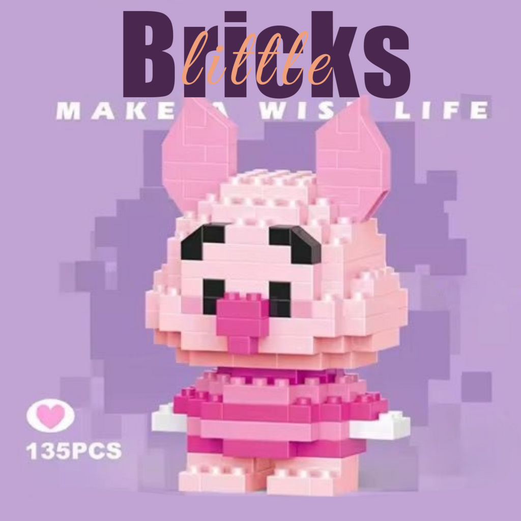 Toy building block set of a pink character with text 'Bricks little MAKE A WISE LIFE' on a purple background Piglet pink pig micro building block figure with big ears. Kawaii mini brick character set for DIY hobbyists, 135 pieces