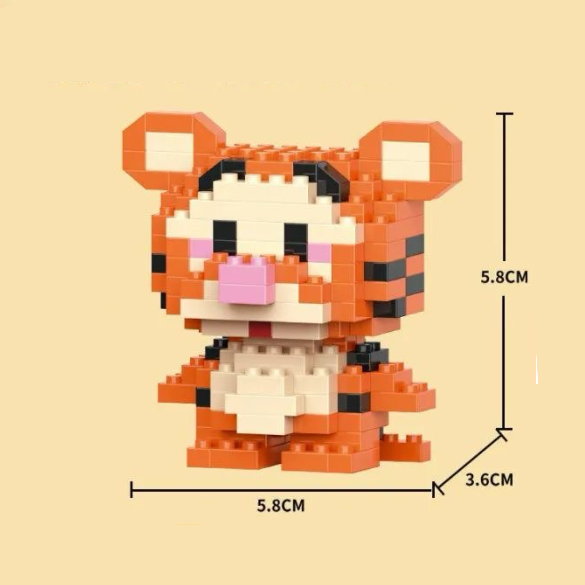 Tigger orange tiger micro brick figure with stripes. Fun cartoon character building block set for collection, 170 pieces with measurements on a beige background