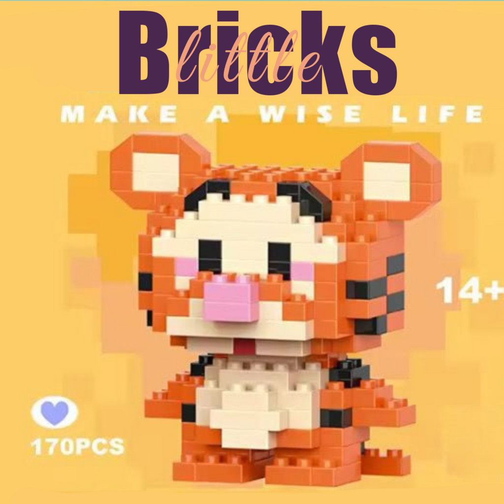 Tigger orange tiger micro brick figure with stripes. Fun cartoon character building block set for collection, 170 pieces on a yellow background.