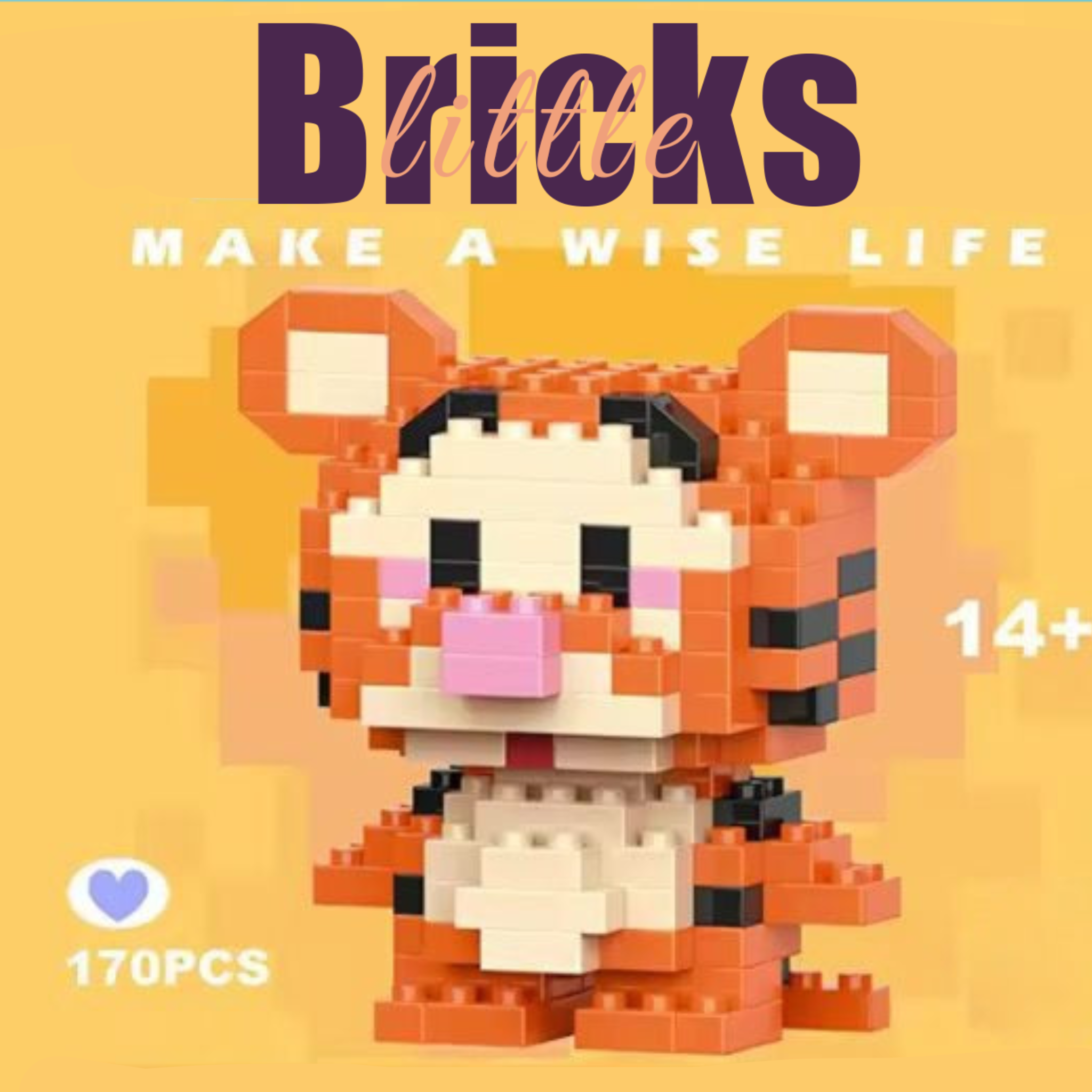 Tigger orange tiger micro brick figure with stripes. Fun cartoon character building block set for collection, 170 pieces on a yellow background.