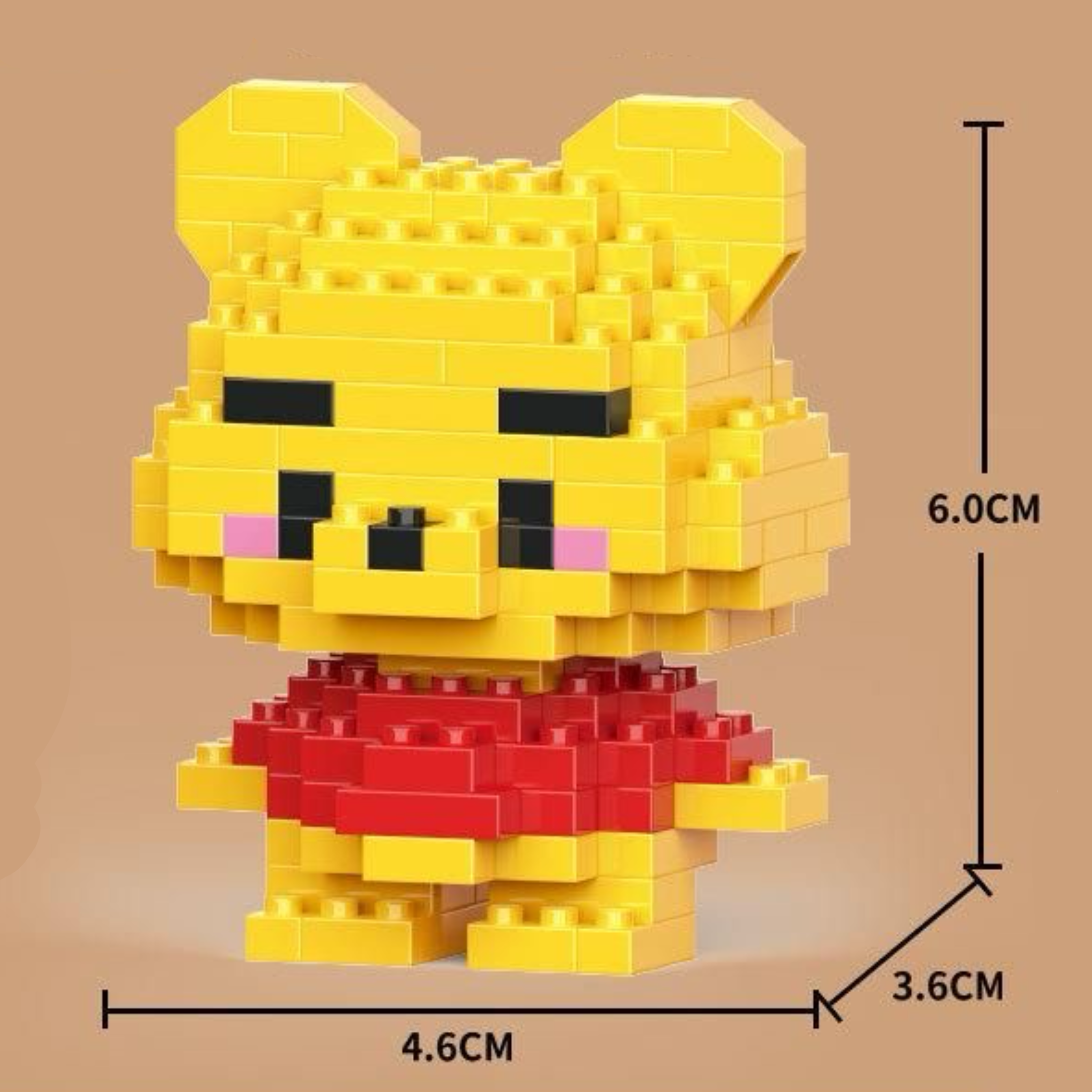 Cute Winnie the Pooh micro brick figure wearing a red shirt. Yellow bear diamond block construction set for adults and teens, 144 pieces with measurements on a brown background