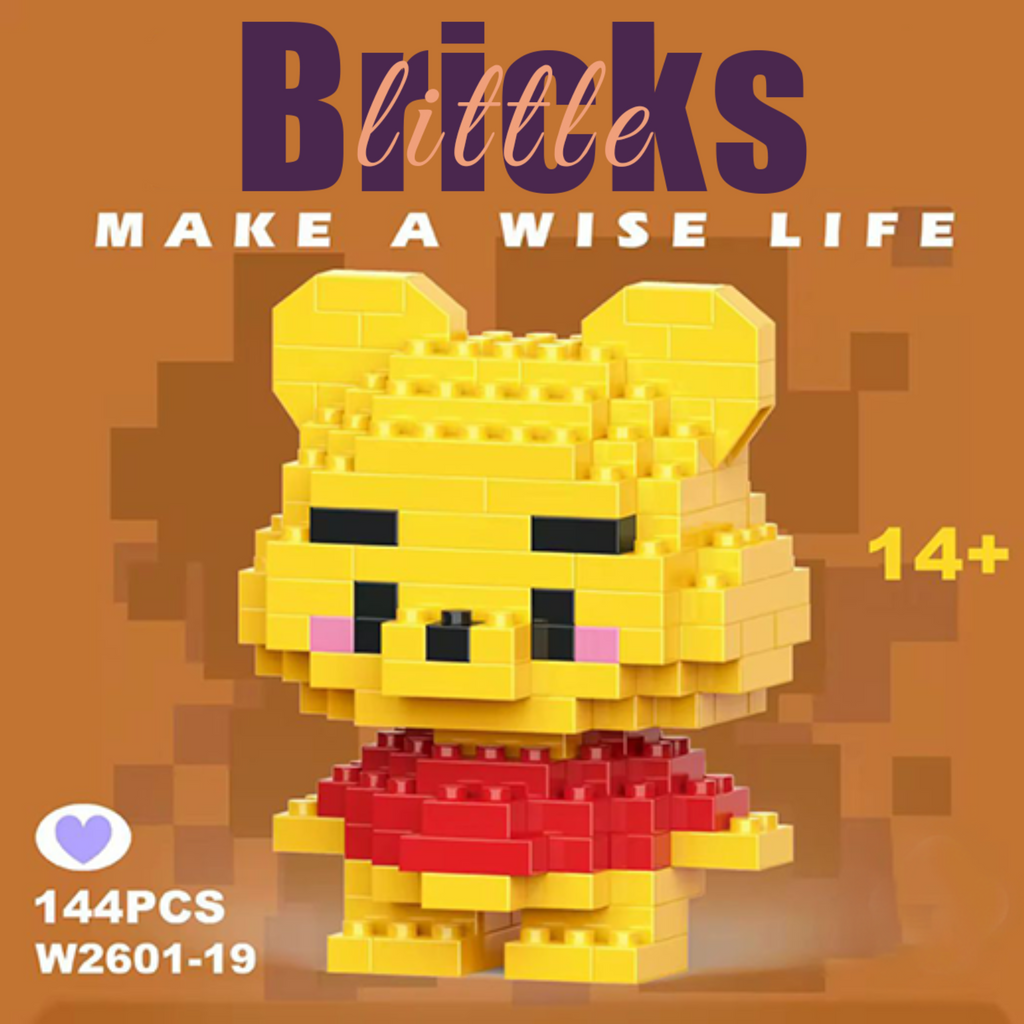 Cute Winnie the Pooh micro brick figure wearing a red shirt. Yellow bear diamond block construction set for adults and teens, 144 pieces on a brown background