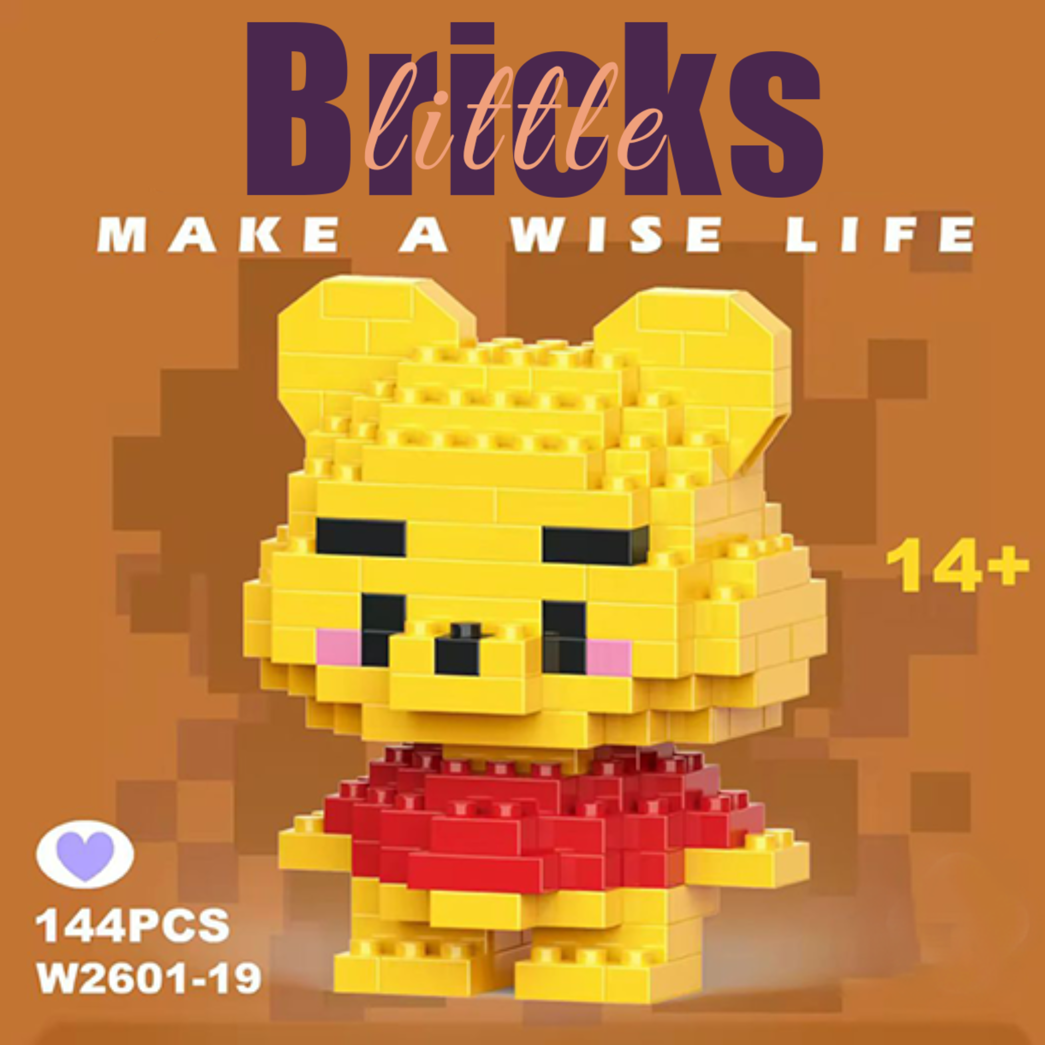 Cute Winnie the Pooh micro brick figure wearing a red shirt. Yellow bear diamond block construction set for adults and teens, 144 pieces on a brown background